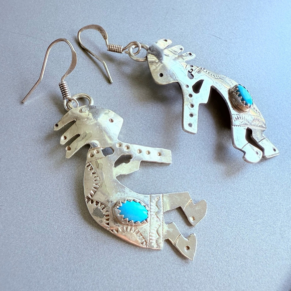 Native American Navajo Louise Yazzie Kokopelli Flute Turquoise 1.75" Earrings - Picture 2 of 6